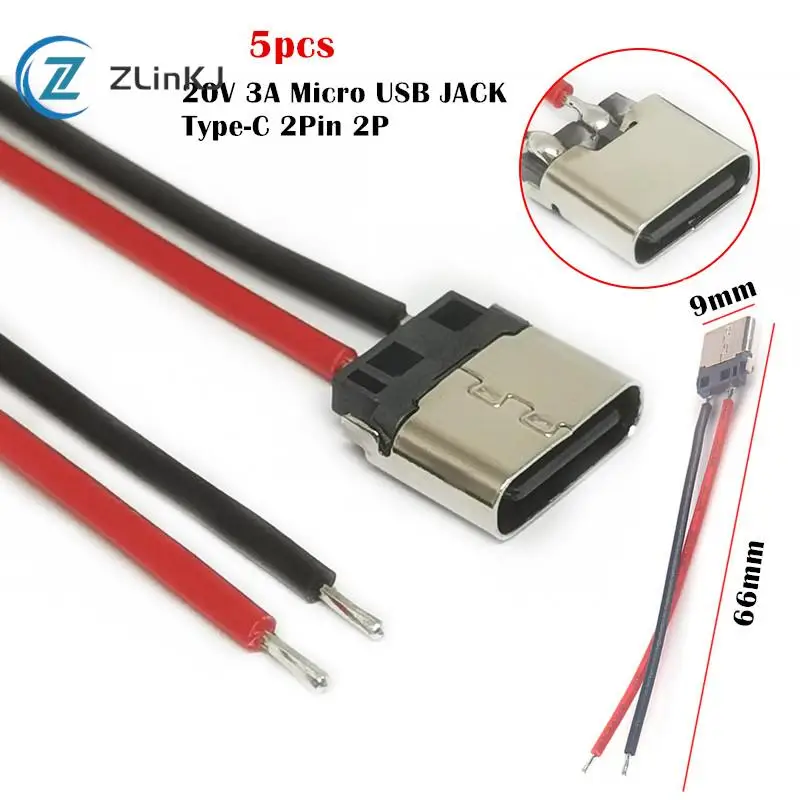 

5pcs 20V 3A Micro USB JACK Type-C 2Pin 2P Welding Wire Female Connector For Mobile Phone Charging Port Charging Socket