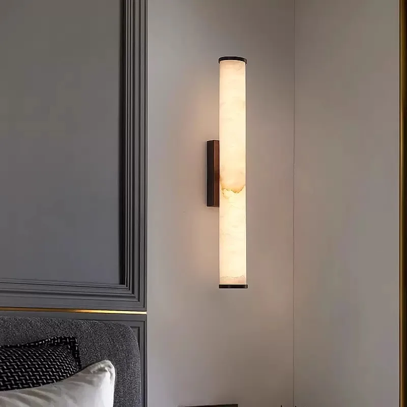 Marble Wall Light Spain Natural marble LED Wall Light Luxury 3 Color Dimming AC85~265V Copper Wall Lamp For Indoor Aisle TV Background Decoration
