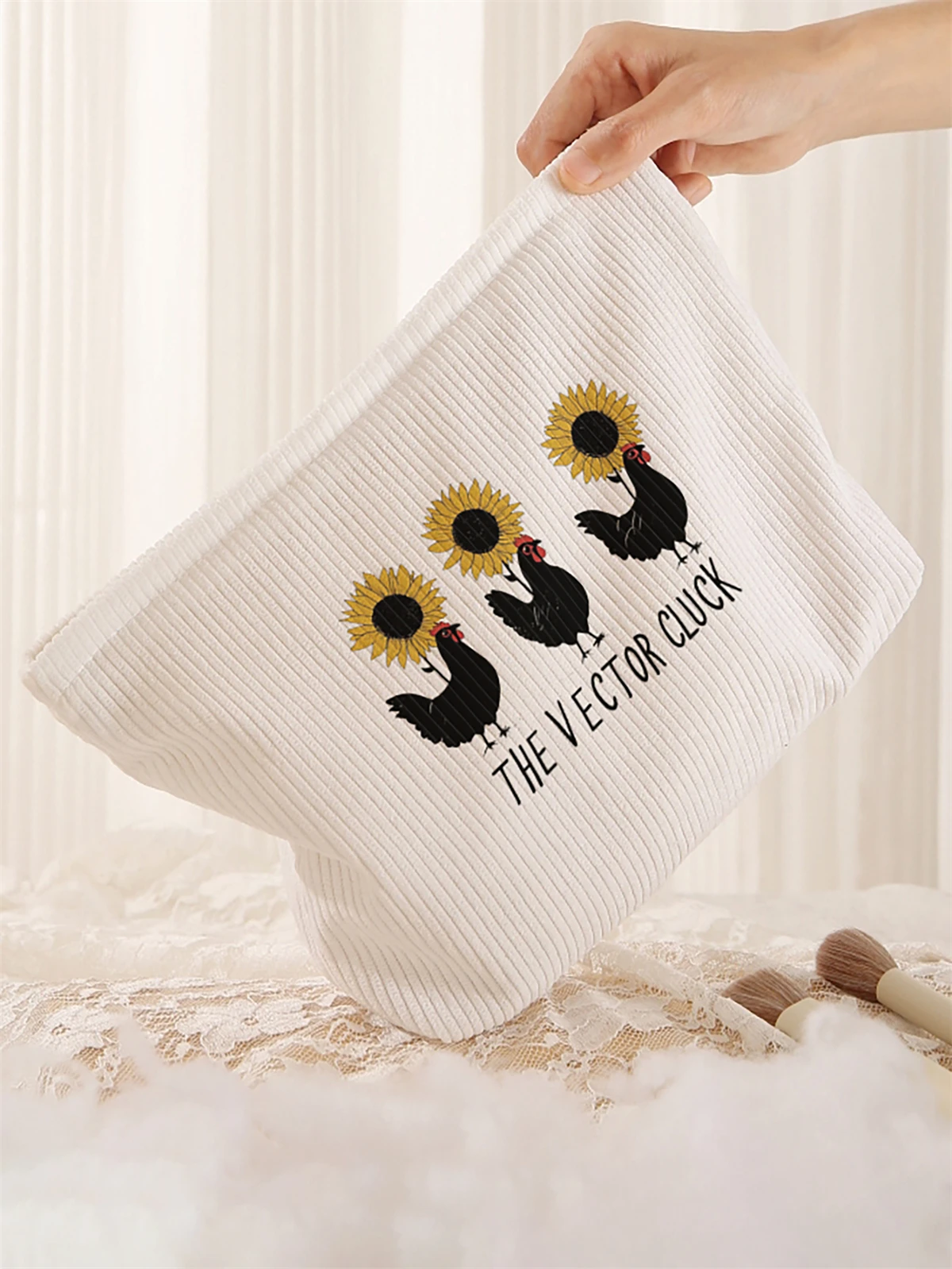 1pc hen and floral printed corduroy makeup bag, lightweight zipper makeup storage box, multifunctional bag with lining