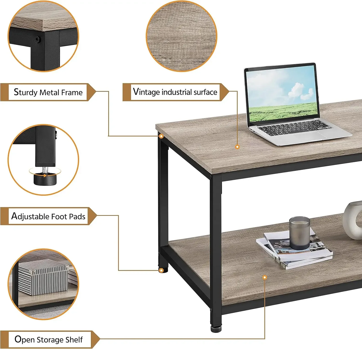 39.5" 2-Tier Coffee Table with Storage Shelve, Industrial Gray Coffee Table, Easy Assembly, Wooden Coffee Table 5