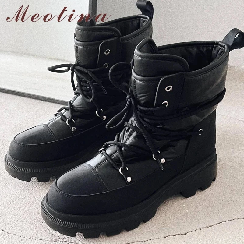 Meotina Women Ankle Snow Boots Round Toe Platform Flat Wool Fur Lace-up Ladies Fashion Short Boot Autumn Warm Winter Shoes Blue women snow boots,women ankle boots