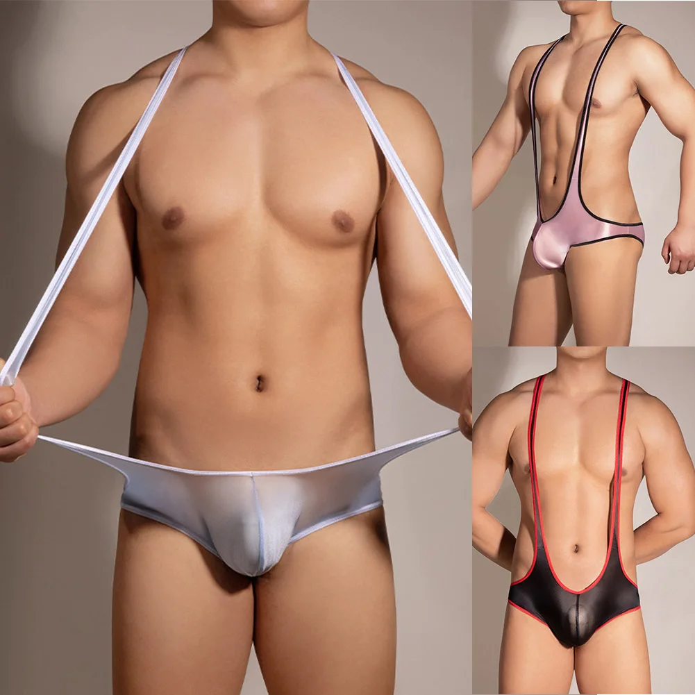 

Sexy Mens Bodysuit Oil Shiny Mesh Hollow Out Thin Brief Solid Underwear Erotic Ice Silk Transparent Intimate Elastic Bodysuit