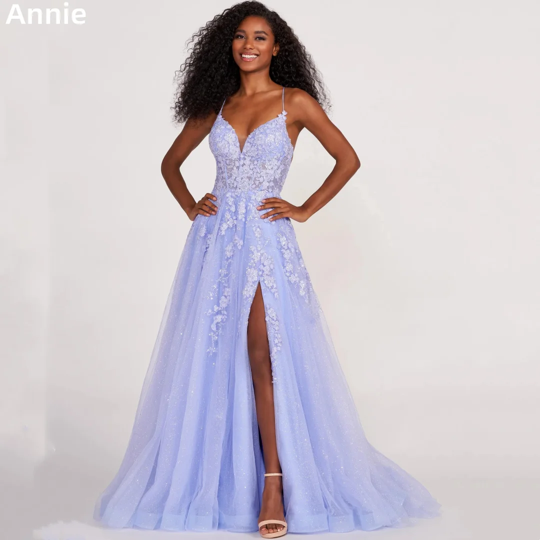 

Annie Hand Applique Prom Dresses Glitter Tulle Party Dresses Light Purple Slit 2023 Vestidos De Noche فساتين للحفلات الراقصة