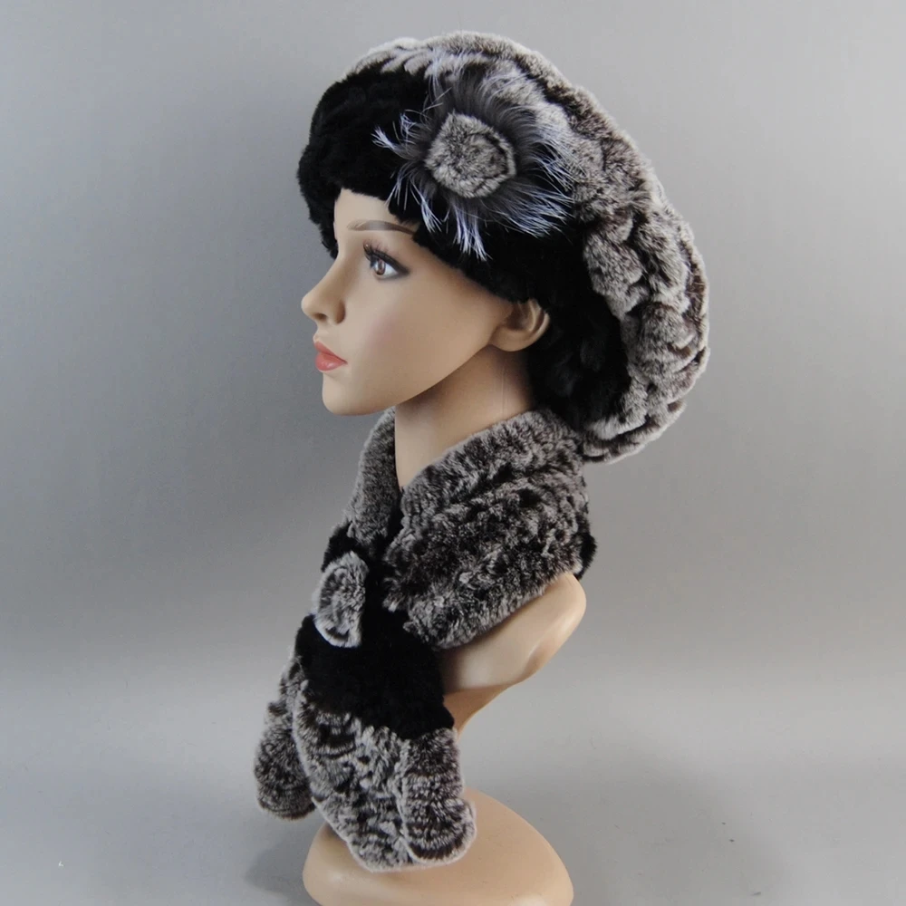 Fashion Girl Fur Cap Lady Winter Warm Real Rex Rabbit Fur Hat Scarf Suit Women 100% Real Scarf+Hat Set