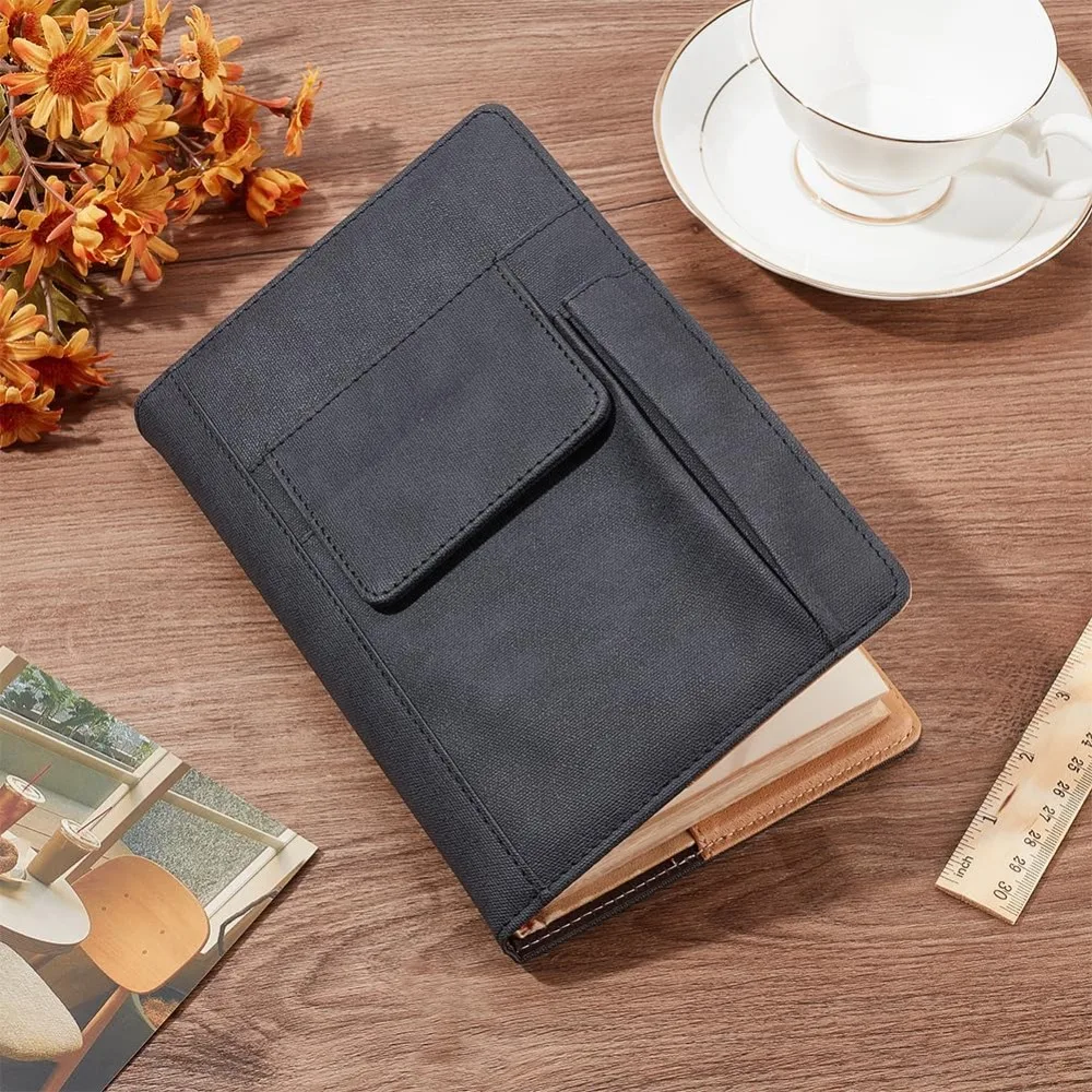 Book Cover PU Leather A5 Waterproof Book Sleeve Black Reusable Book Protector Hardcover Paperbacks Notebook Wraps with Pen 4