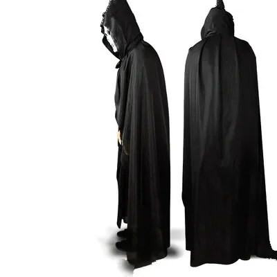 Hooded Cloak Wicca Robe Medieval Witchcraft Cape Halloween Costumes Dress(Size:165-170 Cm.Color:Black)