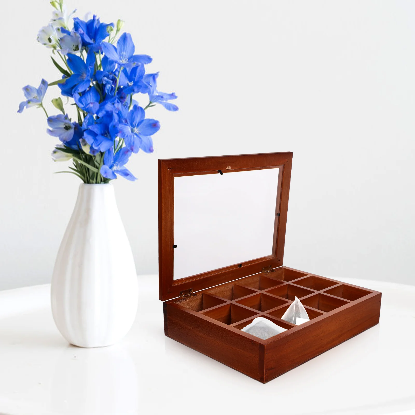 Grids Wood Tea Bag Holder Sugar Packets Spice Pouches Storage Case Instant Coffee Boxes Kitchen Storage Tea Box With Clear Lid