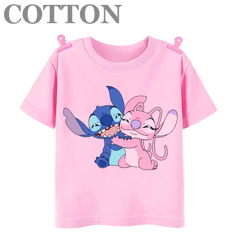 thumbnail image 1 of Camiseta de algodón con cuello redondo y manga corta para niños y bebés, diseño de dibujos animados de Disney Stitch, anime, moda de verano, 1 of 5