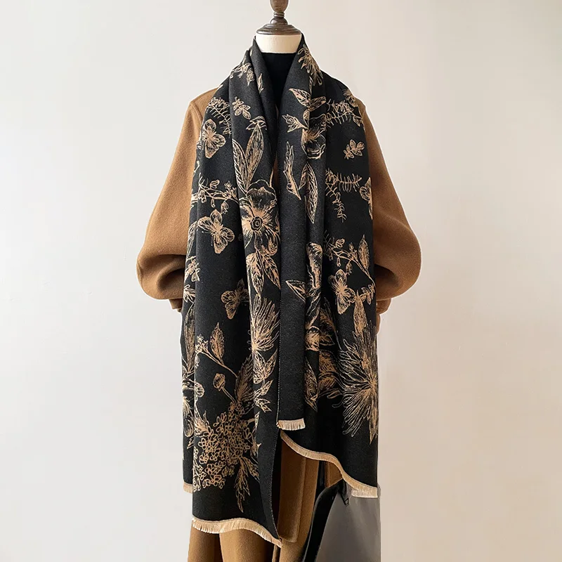 Autumn and Winter Thickened Designer Women's Scarf Luxury Flower Double-Sided Faux Cashmere Scarf Warm Shawl 2024 New