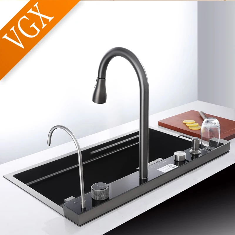 VGX Kitchen Sink Nano Large Single Multifunction Digital Display Sink Kitchen Gourmet Faucet Cup Washer Stainless steel 304