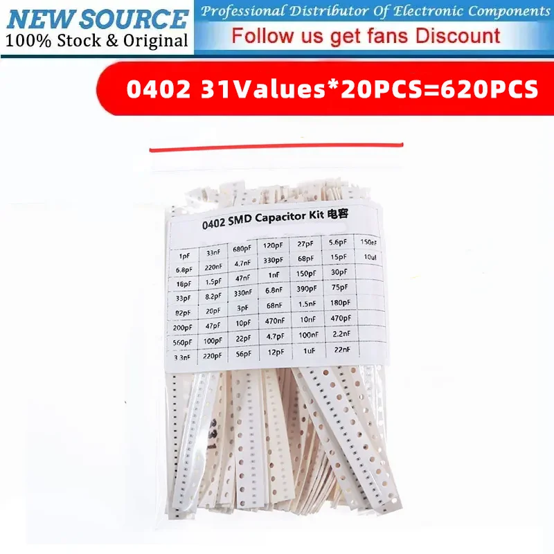 

SMD Capacitance Samples Set 0402 1PF-1UF 31Values*20PCS=620PCS DIY Capacitor