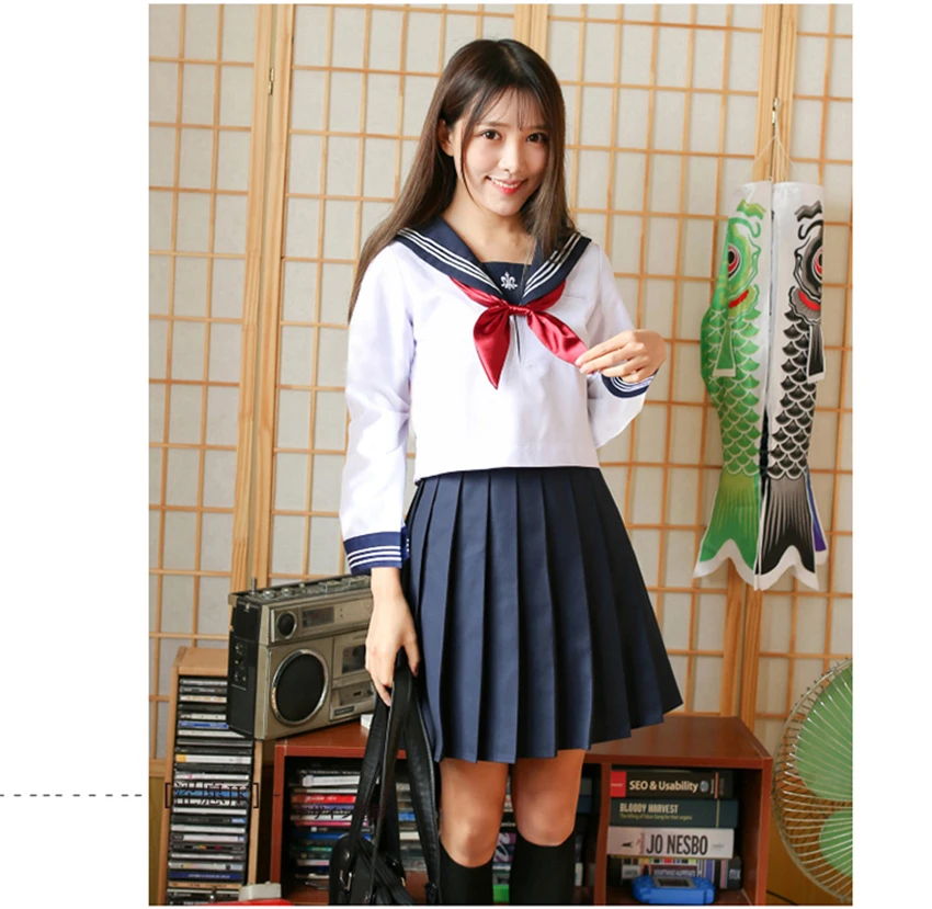 

Japanese Korean Style School Uniform Suit Students Girls Trident Pattern JK Uniform White Sailor Top+Skirt+Tie Preppy Uniforms