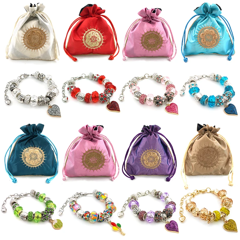 

Heart Pendant Loose Beads Colorful Bracelet Charms Jewelry with Satin Storage Bag for Give Women Mother Valentine's Day Present