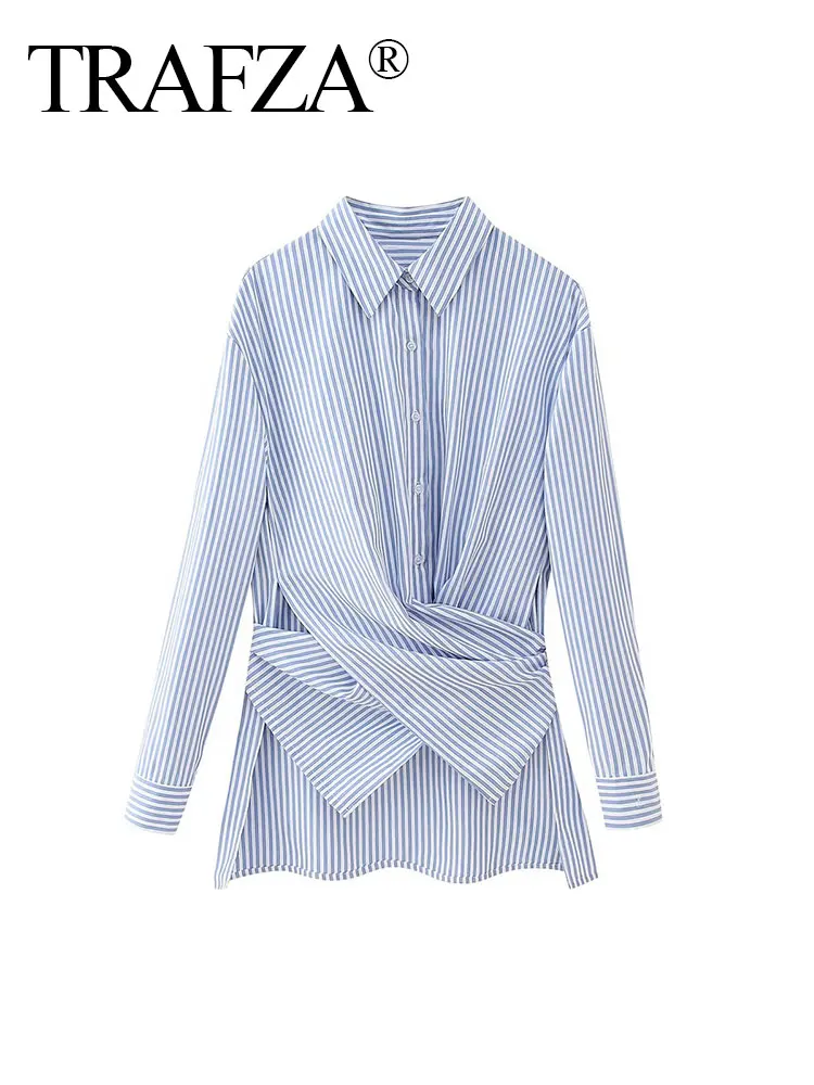 

TRAFZA Causal Stripes Blouse For Women 2024 Spring Female Long Sleeves Lapel Loose Cross Straps Asymmetrical Hem Commuter Shirts