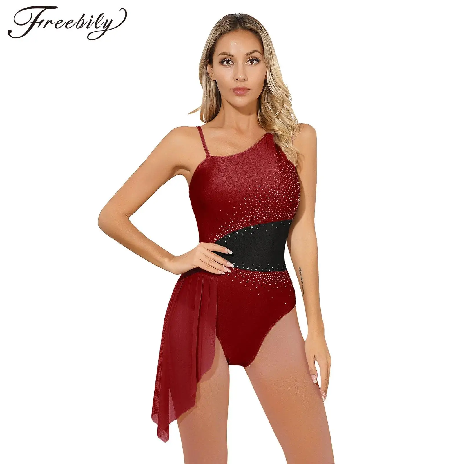 

Womens Figure Skating Dance Performance Costume Glittery Rhinestone Ballet Leotard Color Block Sleeveless Gymnastics Bodysuits