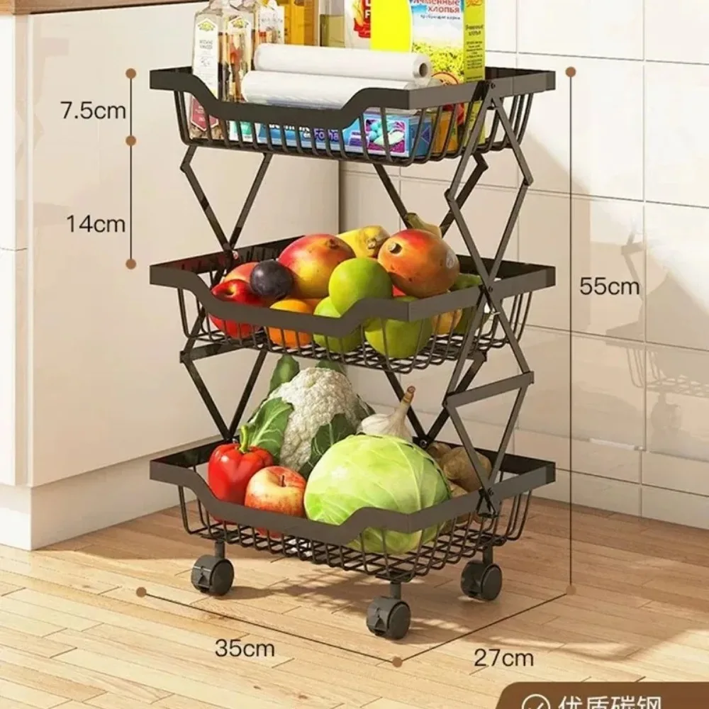 Dobrável Multi-Layer Vegetal Armazenamento Rack, frutas e vegetais Basket, Floor Stand, Movable, Household, Cozinha