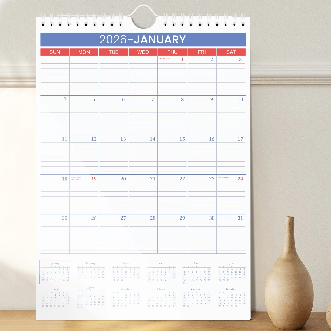 Large Wall Calendar for 2026 - Monthly Hanging Planner with Ample Writing Space, Spiral Bound for Home Office Organization