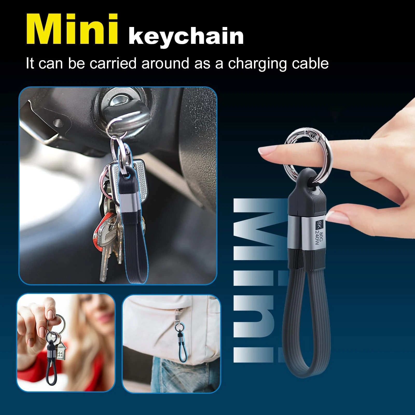 Compact USB-C Fast Charging Cable – 240W Power, 80Gbps Data Transfer, 8K Video Display, Thunderbolt Support, Built-in Keychain