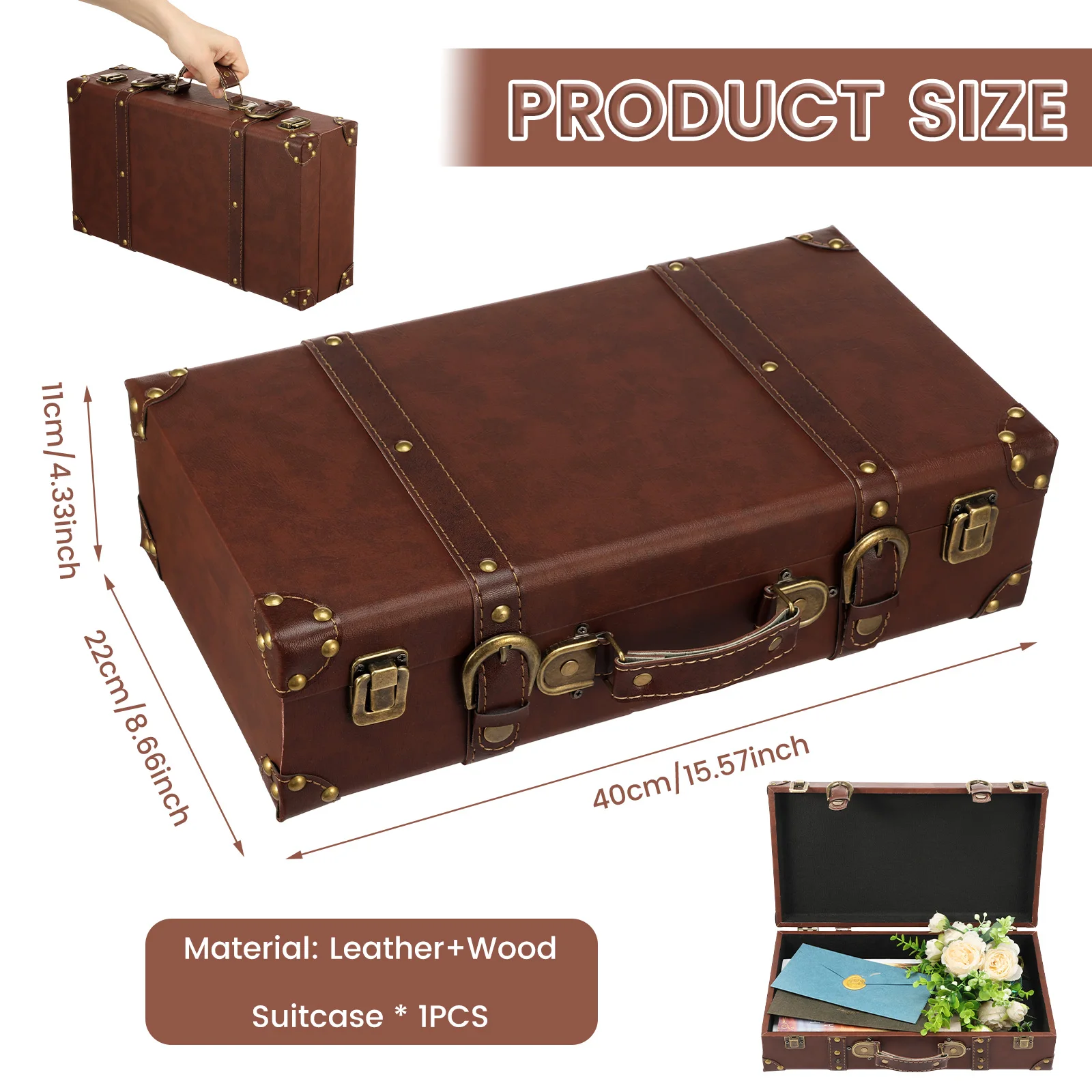 Vintage Lederkoffer Kleidungsorganizer Tragbare Truhe Handtasche Antike Holz-Ornament-Tragetasche Aufbewahrungsbox – Detail 1