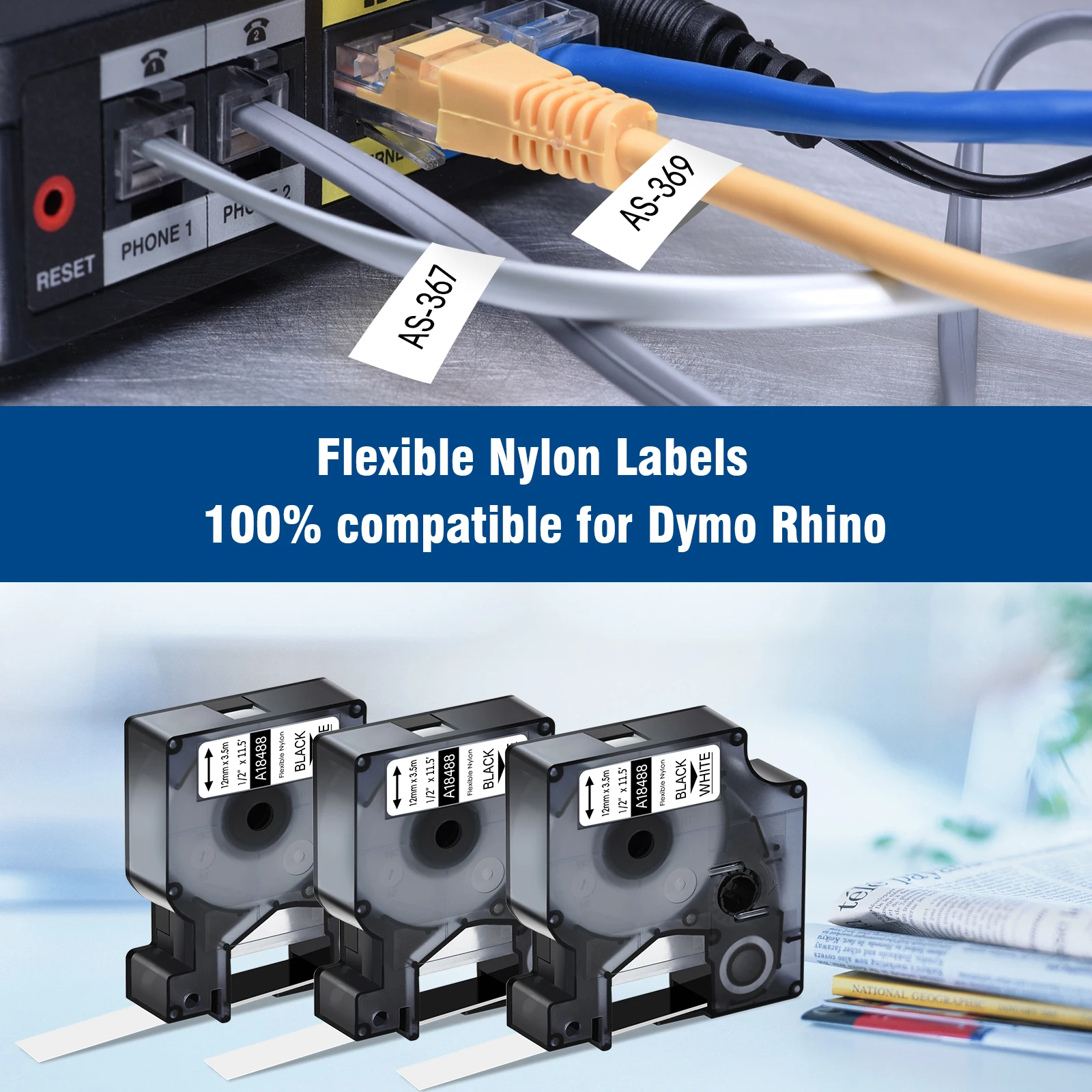 Dymo Rhino 프린터용 유연한 나일론 라벨 테이프, Dymo 18488 18490 호환, 블랙 온 화이트, 옐로우 라벨 테이프, 12mm, 19mm, 10 개