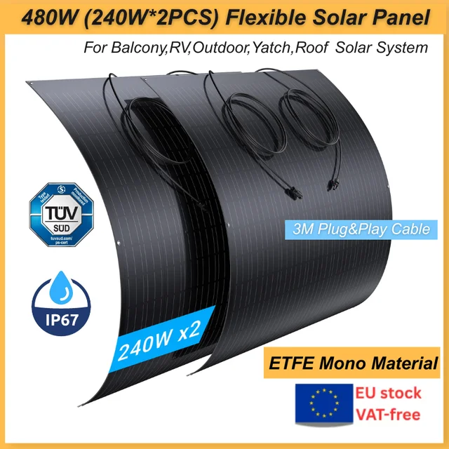 High Efficiency ETFE Monocrystalline 240W 2PCS 4PCS (480W 960W) Output Flexible Solar Panel for Balcony RV Camping Charge System 1
