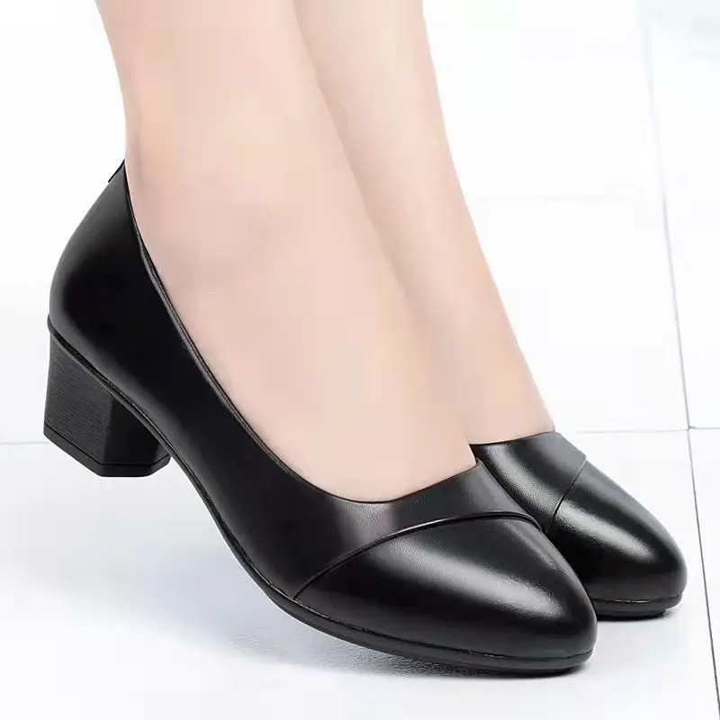 Shoes Women Mid Heel Office Lady Pumps Pu Leather Black Basic Square