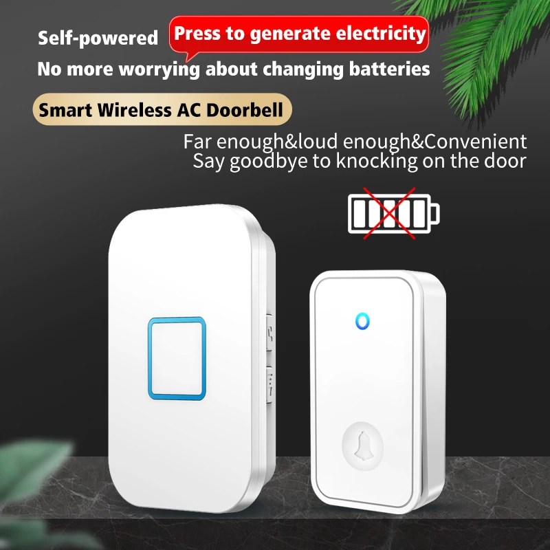 CACAZI-Smart Home Conjuntos de campainha sem fio, impermeável carrilhão auto-alimentado, anel cinético, sem bateria necessária, ao ar livre