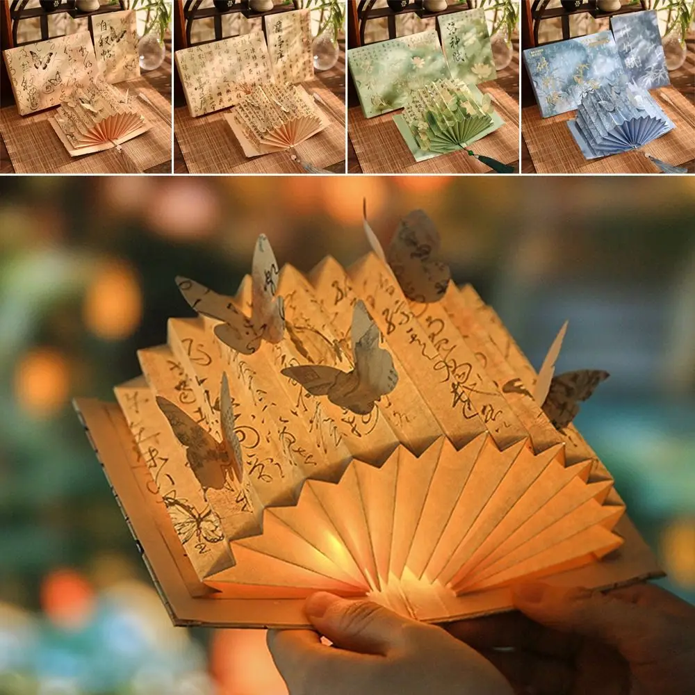 3D Stereoscopic DIY Book Lamp Fan Shaped Ancient Style Art Book Light Calligraphy Famous Paintings Folding Lamp Home