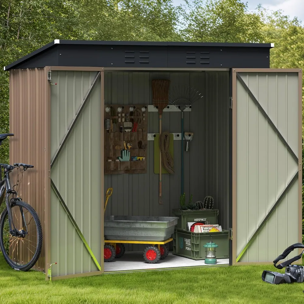 

Outdoor Storage Shed All Weather 6FTx4FT Metal Garden Shed With Lockable Double Doors for Garden Tools Toys and Sundries Brown