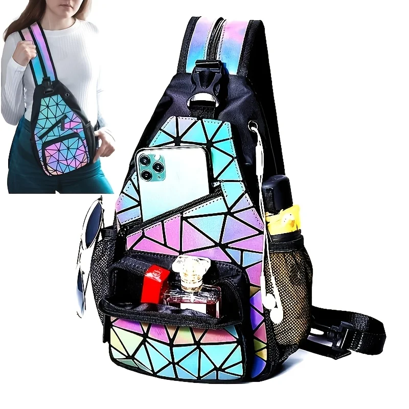 Geometrischer leuchtender Rucksack, holografische reflektierende Tasche, Damen-Umhängetasche mit großem Fassungsvermögen