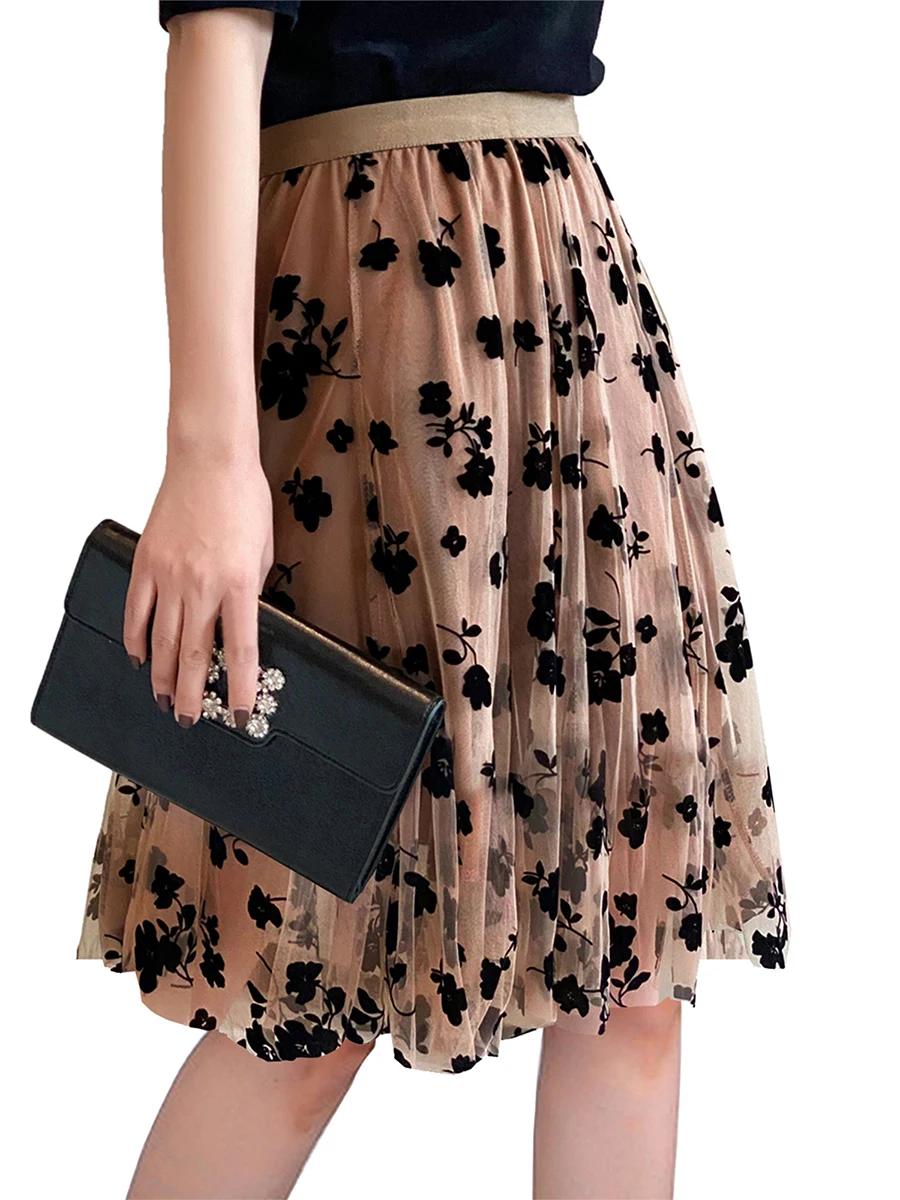 

Women Sheer Tutu Tulle Skirt Elastic High Waist Layered Skirt Floral Print Mesh A-Line Midi Skirts Beach Dress