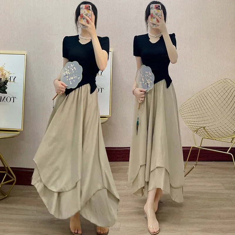 سليم صالح تي شيرت برقبة على شكل  عالية الخصر تنورة غير متناظرة قطعتين مجموعة الصيف الشاي الملح نمط المرأة موضة الزي غير الرسمي