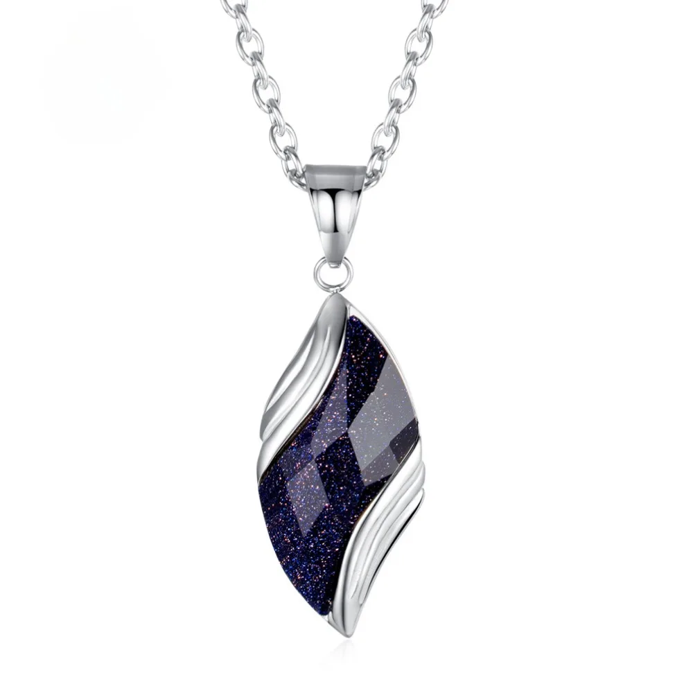 

European and American fashion personality black sandstone blue sandstone angel eye leaf shaped stainless steel pendant necklace