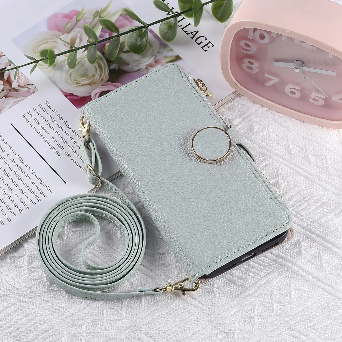 Elegant Leather Card Holder Zipper Wallet Case with Shoulder Lanyard