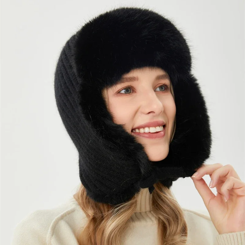 Winter Women Russia Ushanka Bomber Hats Pilot Trapper Aviator Cap Faux Rabbit Fur Earflap Snow Cap
