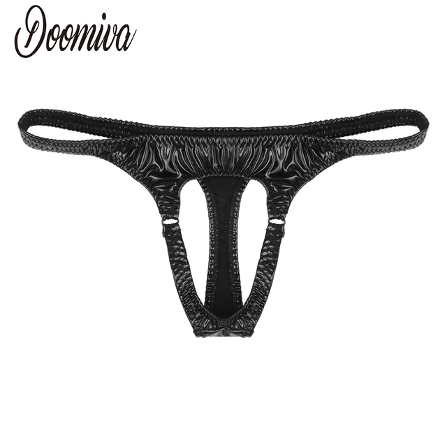 Sexy Mens Wetlook Lingerie Patent Leather Hollow Out Front Thong Briefs  Jockstrap Low Rise Bikini G