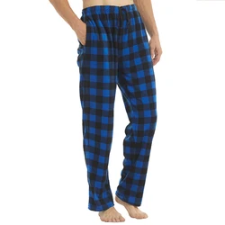 Men's Fleece Plaid Pajama Pants with Pockets - Soft and Warm Loungewear - M (Blue Black Plaid)