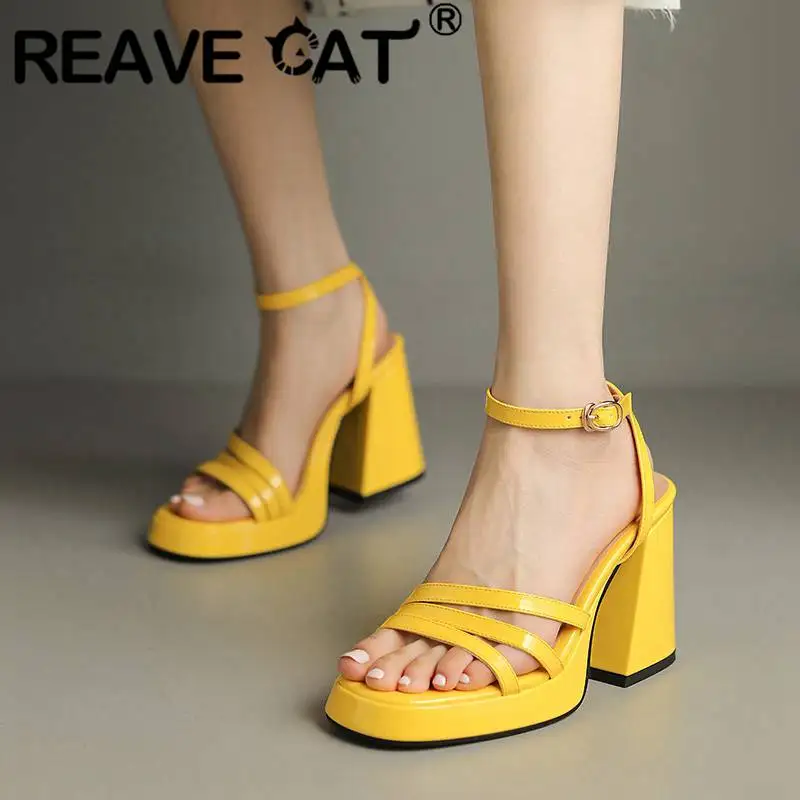 

REAVE CAT Lady Sandals Patent Leather Open Toe Buckle Strap Platform 2cm Block Heel 9.5cm Solid Sexy Dating Shoes Big Size 42 43