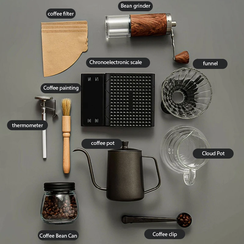 Description Picture 3 of item6pc Set Coffee Kits Coffee Accessories Manual Grinder Mill Glass Pot with Filter Dripper Gooseneck Kettle Specialized Barista