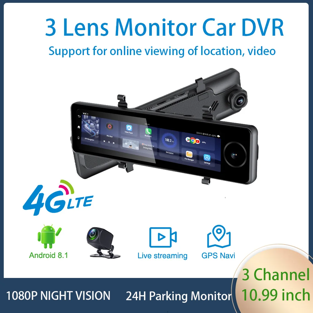 10.99 Rear View Mirror 3 Lens Car DVR 4G Android 2GB+32GB Dash Cam HD 1080P Night Vision Auto Camera GPS WIFI ADAS Registrar
