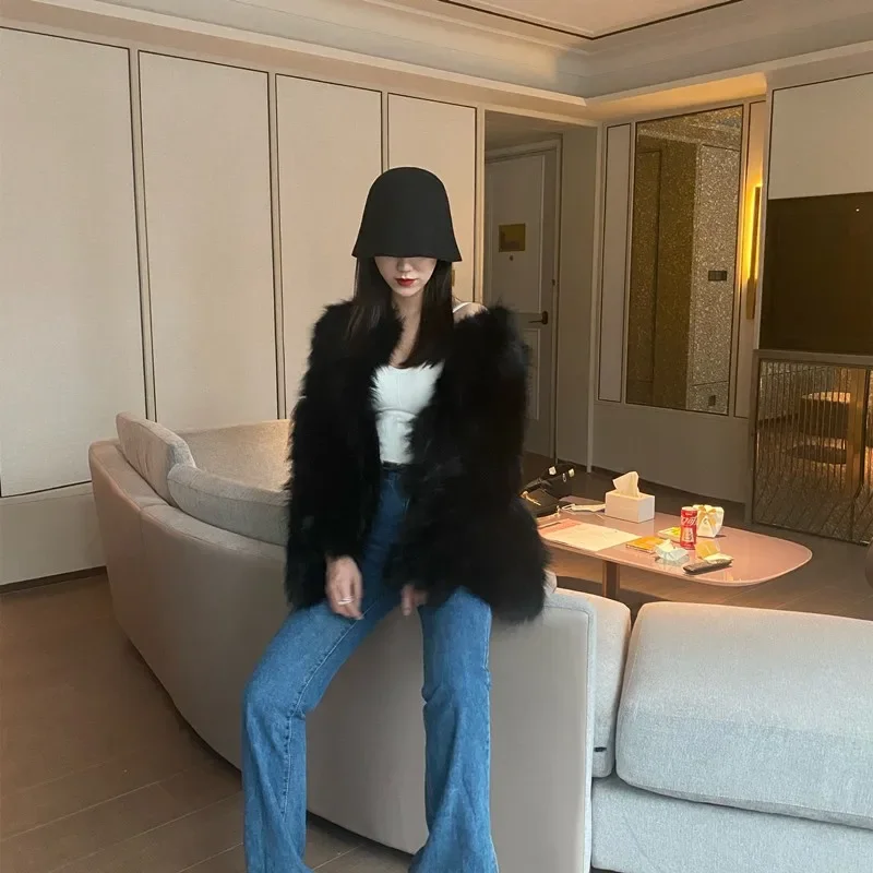 Raccoon Dog Fur Tops Mid-length Winter Long Sleeve Thick Jacket Women's Clothing Black Casual Thick Long Sleeve Real Fur Coat