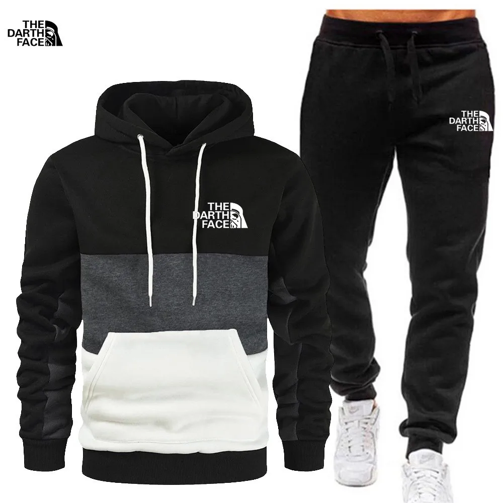 

New men's plus fleece patchwork successive hoodie hoodie suit three patchwork printed leisure sports suit