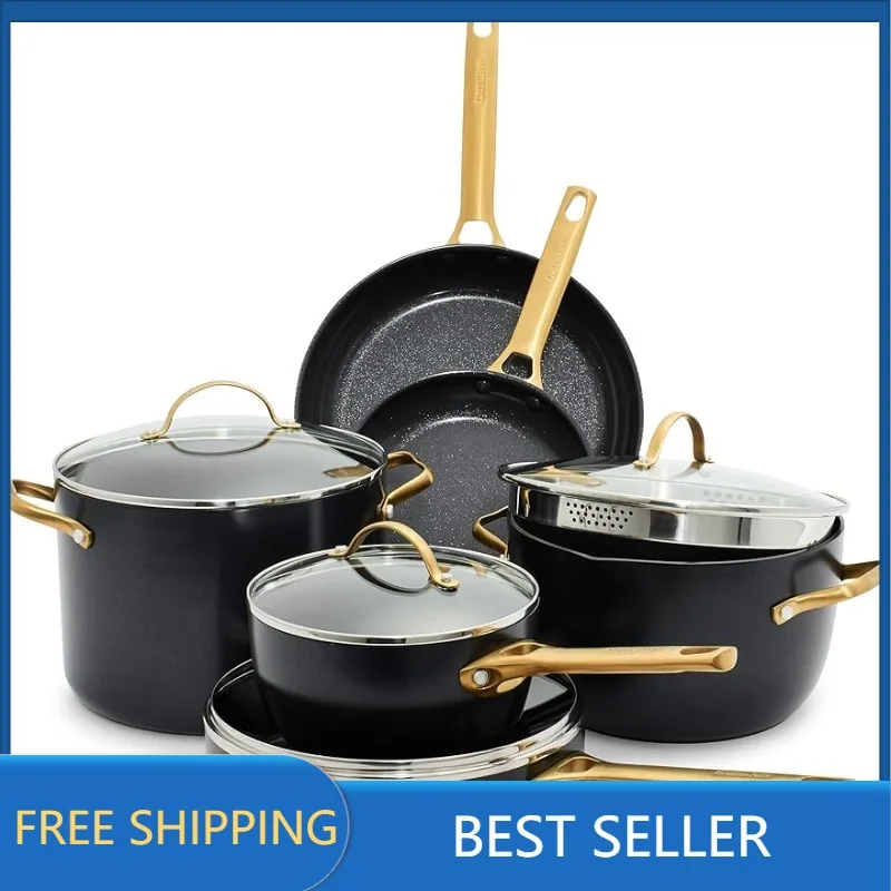 

Hard Anodized Healthy Ceramic Nonstick 10 Piece Cookware Pots and Pans Set, Gold Handle, PFAS-Free, Dishwasher Safe, Oven Safe