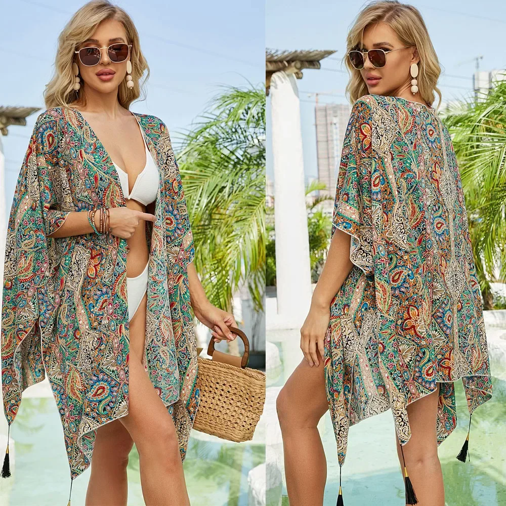 Swimsuit Cover Up Swimsuit Coverup Fishnet Cover Up Chiffon Cardigan Top Women's Tops Floral Loose Tassels Coverups Beach Swim Bikini Kimono Cardigan Bathing Suit Cover Ups