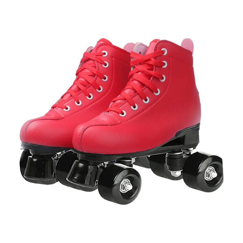 Patins de couro vermelho com roda PU para homens e mulheres, Patines ao ar livre, linha dupla, sapatos de rodas piscantes, tรชnis esportivo