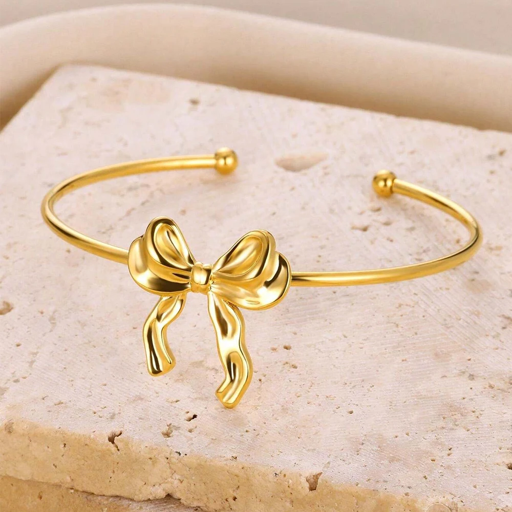 Bow Tie Bangles For Women Gold Stainless Steel Butterfly Cuff Open Bracelet
