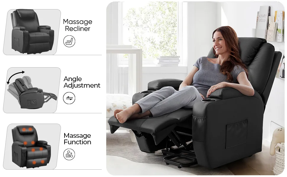 Description Picture 4 of itemElectric Power Lift Recliner Chair for Elderly Reclining Sofa for Living Room with Massage, Side Pockets and Cup Holders (Leathe