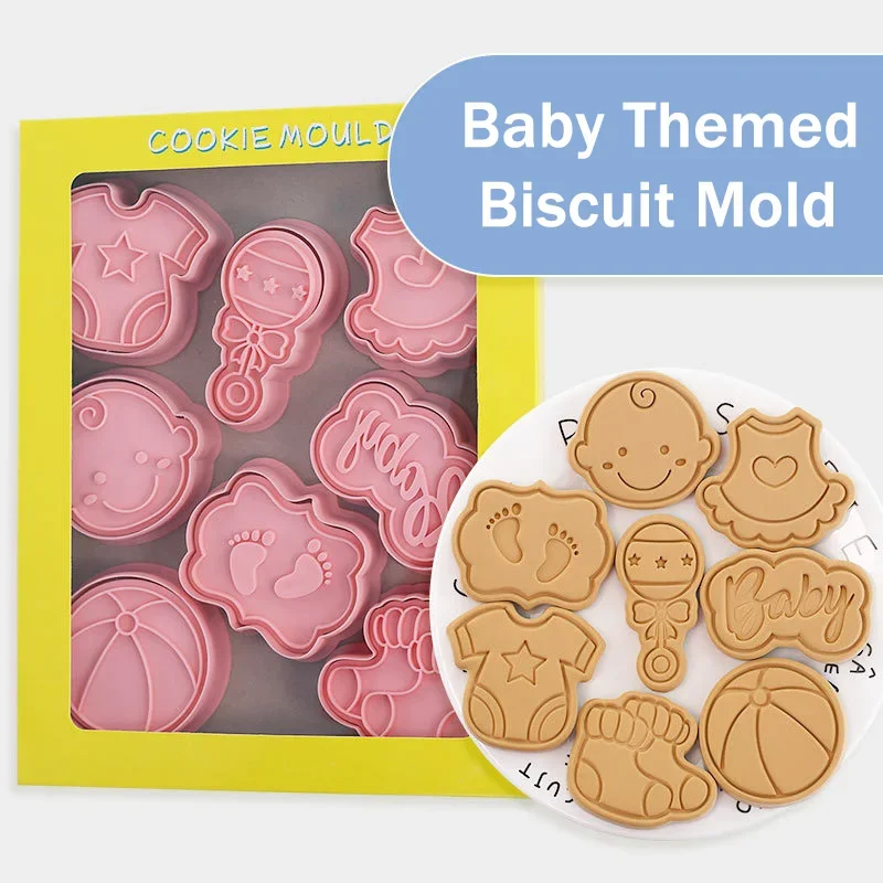 Cookie Cutter 8Pcs Baby Theme Cartoon Embosser 3D Baby Shower Rattles Ball Clothes Feet Skirt Socks Biscuit Mould Cake Tools