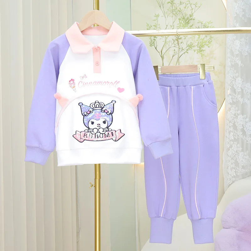 

Kawaii Sanrio/Детская Хлопковая спортивная одежда с героями мультфильмов; Сезон весна-осень; Повседневный комплект с толстовкой; Милый спортивный костюм для улицы; Подарок для девочек в стиле аниме