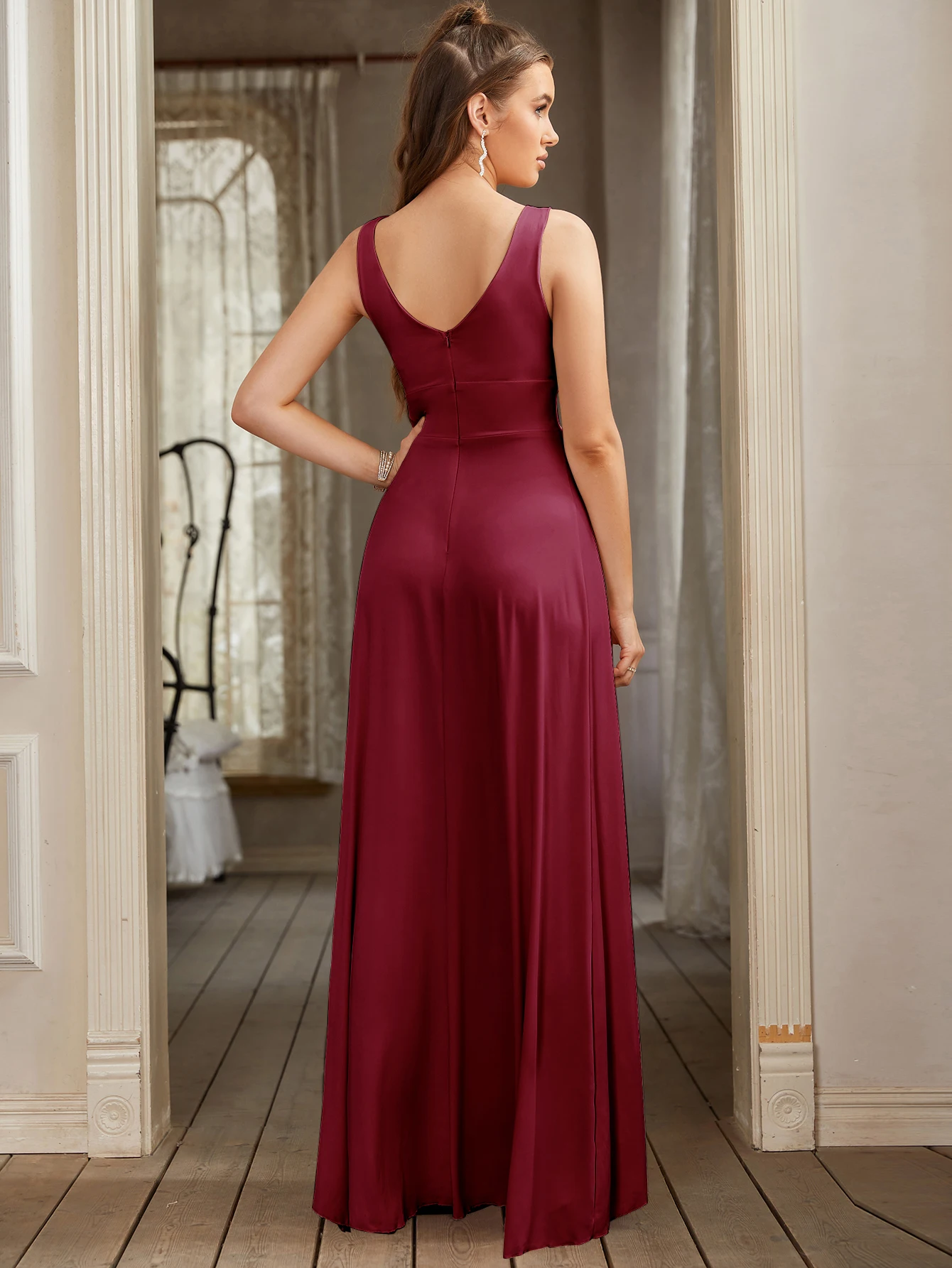 A Line Split V Neck Bridesmaid Dress Long for Women Wedding Party Formal Sleeveless Floor Length Maxi Evening,satin wedding dress,bridesmaid dresses